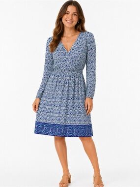 COOLIBAR | Floral V-Neck Faux Wrap Smocked Waist Blue White Dress Medium